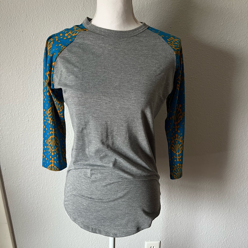 Lularoe Randy Raglan Gray with Blue & Mustard Yellow Patterned Sleeves